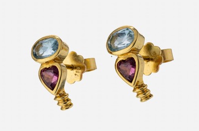 Paar 18 kt Gold Aquamarin-Turmalin-Ohrstecker, GG 750/000, 2 ovalfacett. Aquamarine zus. ca. 1.0 ct, 2 pinkfarb. Turmalin-Herzen zus. ca. 0.50 ct, ...