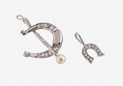 14 kt Gold "Hufeisen" Konvolut mit Diamanten, WG 585/000, Brosche und Anhänger, kl. Diamantbesatz, 1 Zuchtperle, total ca. 2.7 g, L. ca. ...