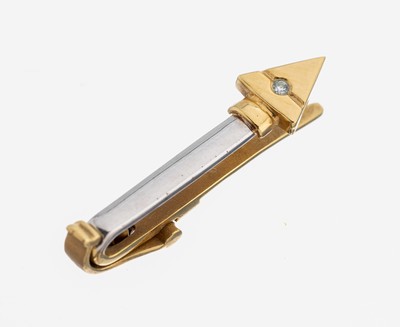 14 kt Gold Krawattennadel, GG/WG 585/000, in Form eines Pfeils, kleiner 8/8-Diamant, ca. 2.2 g, L. ca. 2.5 cm, rs. mit Sicherung für Hemdknopf
