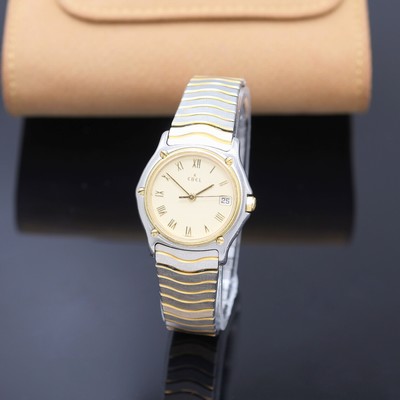 EBEL Damenarmbanduhr Classic Wave in Stahl/Gold Referenz 183908, Schweiz um 1993, quarz, Lünette gegen Geh. 5-fach verschr., orig. Wellengliederband ...