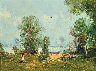 Wilhelm Thelen, 1917 Oberhausen-1985 Düsseldorf, Spaziergängerin am Niederrhein, Öl/Malkarton, impressionistische Auffassung, links unten sign., ...