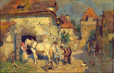 Wilhelm Velten, 1847 St. Petersburg-1929 München, Beim Hufschmied, Öl/Holz, rechts unten signiert, ca. 16x24cm, R. ca. 25x33cm