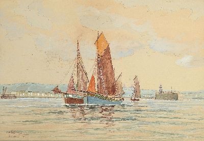 Wilhelm Hoffmann, 1897-1986, norddeutscher Marinemaler, Segelboot vor der Hafeneinfahrt, Aquarell auf Papier, links unten sign. und dat. 1942, ...