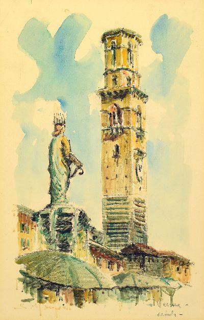 Sergio Manfredi, geb. 1932 Turin, 3 aquarellierte Lithographien, alle handsign.:Verona, Piazza Erbe, ca. 24x36cm, PP, u.Gl., R. ca. 44x56cm; Venezia ...