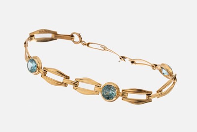 14 kt Gold Zirkon-Armband, GG 585/000, geometrische Glieder, 3 rundfacett. blaue Zirkone, L. ca. 16.5 cm, Federringschließe, ca. 6.6 g