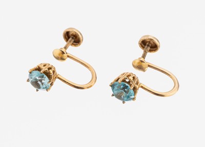 Paar 10 kt Gold Zirkon-Ohrschrauben, GG 417/000, nach älterem Vorbild, 2 rundfacett. blaue Zirkone, ca. 1.7 g