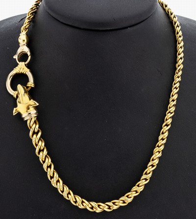 18 kt Gold Collier, GG 750/000, verlaufend,1 Ende mit plastischem Hundekopf, L. ca. 43 cm, Karabinerschließe, ca. 39.7 g