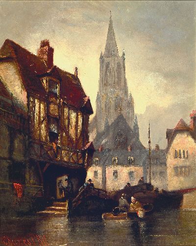 Charles Peter Pitt, 1822-1895, englisch, Ansicht aus Caen, Blick auf die Kathedrale, Figurenstaffage, rechts unten signiert, Öl/Lwd, 51x41 cm, ...