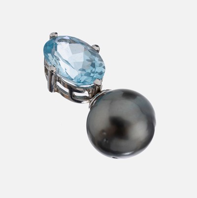 14 kt Gold Topas-Perl-Anhänger, WG 585/000,ovalfacett. Blautopas (beh.) ca. 5.0 ct, Tahitizuchtperle, D. ca. 13.7 mm, nat. Merkmale, ca. 7.2 g