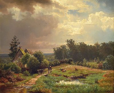 Andreas Achenbach, 1815 Kassel-1910 Düsseldorf, mitteldeutsche oder norwegische Landschaft, Figurenpaar und Viehherde nebst Bachlauf und Mühle, ...
