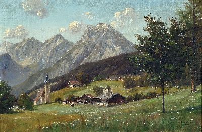 Erwin Kettemann, 1897 München-1971 Tegernsee, Sommerliche Landschaft in den Alpen mit Ortschaft, blühender Wiese und Gebirgsmassiv im Hintergrund, ...