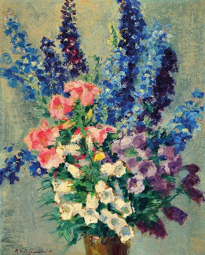 Karl Friedrich Lippmann, 1883-1957 Offenbach am Main, Blumenstillleben mit Glockenblumen und Rittersporn, Öl/Holz, links unten signiert und dat. 35, ...