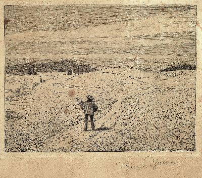 Hans Thoma, 1839 Bernau-1924 Karlsruhe, 2 Radierungen, "Sonntagmorgen (Landschaft mit Gitarrenspieler) und "Blümlisalp" (1917), je ...