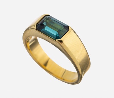 18 kt Gold Turmalin-Ring, GG 750/000, Turmalin Baguette von schöner grün-blauer Farbe ca. 1.62 ct, total ca. 9.6 g, RW 55