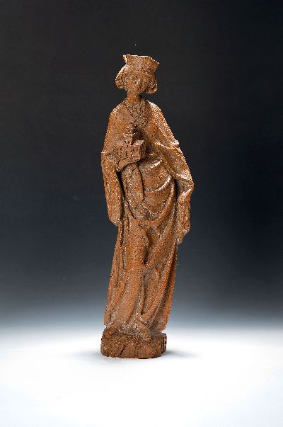 Joseph Peppi Rifesser, 1921-2020 St. Ulrich/Gröden, Bildschnitzerei der Heiligen Barbara von Nikomedien, holzsichtig, signiert, H. 67 cm