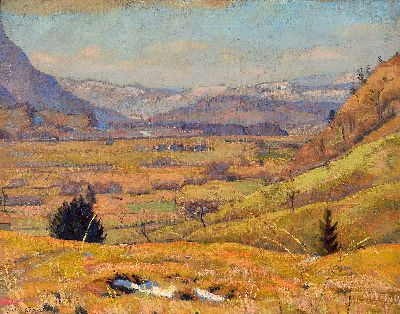 Hermann Croissant, 1897-1963 Landau, Vorfrühling im Allgäu, rückseitig so betitelt und dat. 21, Öl/Lwd, links unten sign. und dat., ca. 57x73cm, ...