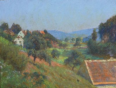 Friedrich Ferdinand Koch, 1863-19236 Landau, Landschaft mit Dorf und Ruine in der Pfalz, Pastell, links unten sign., ca. 48x62cm, R. ca. 75x90cm, ...