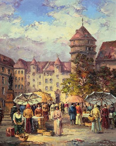 Horst Miesler, geb. 1934, altstädtisches Marktplatztreiben, rechts unten signiert, Öl/Lwd, 50x40 cm, Rahmen 63x53 cm