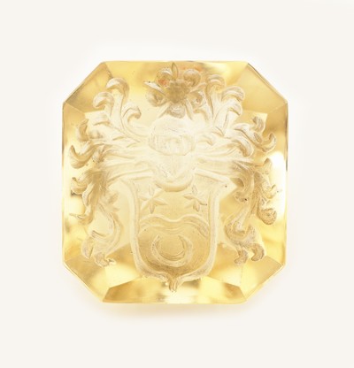 Loser Citrin im Bufftop-Schliff, ca. 16.8 ct, grav. Familienwappen, Siegelabdruck anbei