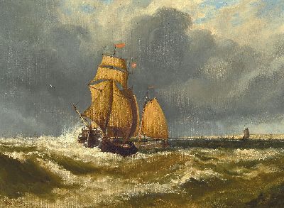 James Webb, um 1825-1895 London, 2 Segelschiffe vor der Küste unter wolkenverhangenem Himmel, links unten signiert und datiert 1856, Öl/Lwd, 58x76 ...