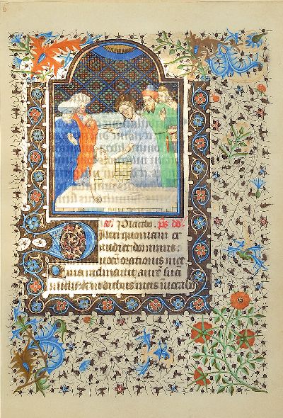 2 Blätter aus einem Stundenbuch, 15. Jh., Miniaturmalerei auf Pergament, mit reichen bunten Bordüren, goldgehöht, einmal die Fluchtder Hl. Familie ...