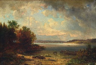 Anders Andersen-Lundby, 1841 Lundby-1923 München, abendlicher Blick über den Starnbergersee mit Alpenpanorama, links unten signiert, Öl/Lwd, ...