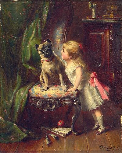 Carl Reichert, 1836 Wien-1918 Graz, "Der widerspänstige Mops", 1878, verso altes Etikett mit Titel, Öl/Holz, 20x16 cm, breiter ...