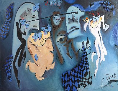 Igor Kopylkow, russischer Künstler, Studium an der Petersburger Kunstakademie, Darstellung mit maskierten Harlekins und Personen, Thema Karneval, ...