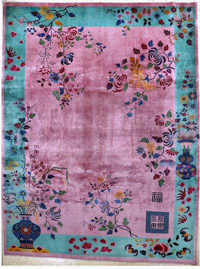 Peking antik China, signiert(Fu)"Glück&Segen", um 1900, Wolle auf Baumwolle, ca. 355 x 288 cm, gereinigt, EHZ: 1-2