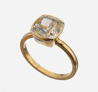 18 kt Gold Diamant-Ring, GG 750/000, Diamant im Cushion Cut 3.47 ct get.Weiß (K)/vs2, RW 53, ca. 3.9 g, HRD-Zertifikat anbei