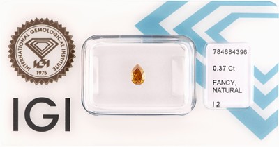 Loser Diamant 0.37 ct Natural Fancy Intense Brownish Yellow/p2, facett. Tropfen, verschweißt, IGI-Expertise anbei