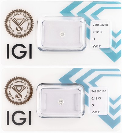 Lot 2 lose Brillanten, 1 x 0.12 ct Weiß/vvs2, 1 x 0.12 ct feines Weiß(G)/vvs2, eingeschweißt, IGI-Expertisen anbei