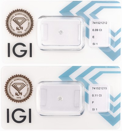 Lot 2 lose Brillanten, 1 x 0.11 ct feines Weiß(F)/si1, 1 x 0.09 ct hochfeines Weiß (E)/si1, eingeschweißt, IGI-Expertisen anbei