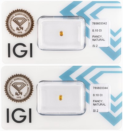 Lot 2 lose Diamanten, ovalfacett., jew. 0.10 ct Natural Fancy Intense Orangy Yellow/si2, eingeschweißt, IGI-Expertisen anbei