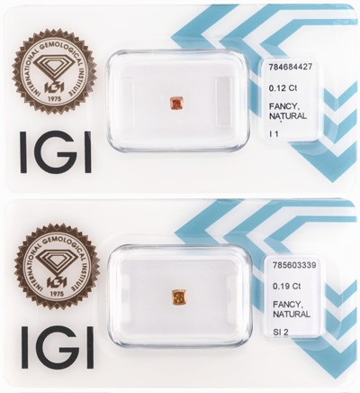 Lot 2 lose Diamanten, 1 x 0.19 ct Natural Fancy Intense Orange Yellow/si2 und 1 x 0.12 ct Natural Fancy Intense Orange Yellow/p1, eingeschweißt, ...
