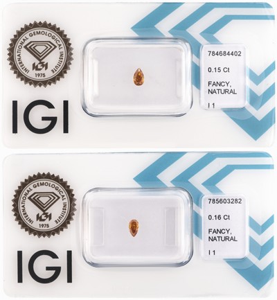 Lot 2 lose Diamanten, facett. Tropfen, 1 x 0.15 ct Natural Fancy Intense Yellowish Brown/p1, 1 x 0.16 ct Natural Fancy Intense Orangy Yellow/p, ...