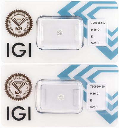 Lot 2 lose Brillanten, 1 x 0.16 ct hochfeines Weiß(E)/vvs1, 1 x 0.16 ct hochfeines Weiß (D)/vvs1, eingeschweißt, IGI-Expertisen anbei