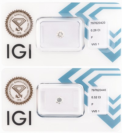 Lot 2 lose Brillanten, 1 x 0.32 ct und 1 x 0.29 ct feines Weiß(F)/vvs1, jew. eingeschweißt, IGI-Expertisen anbei