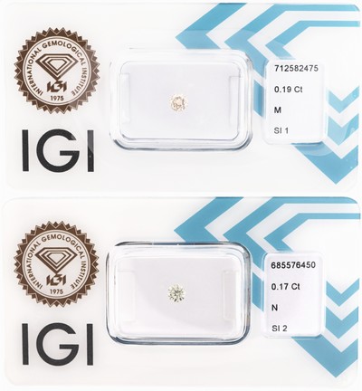 Lot 2 lose Brillanten, 1 x 0.17 ct Getönt (N)/si2, 1 x 0.19 ct Getönt(M)/si1, eingeschweißt, IGI-Expertisen anbei