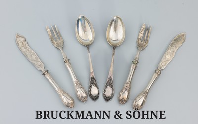 Fischbesteck für 6 Personen, deutsch BRUCKMANN& Söhne um 1910, 800er Silber, Griffe gefüllt,historizistischer Dekor mit Rokaillen, Bes.- Monogr., ...