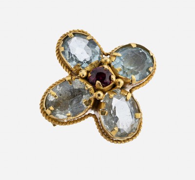 14 kt Gold Aquamarin-Granat-Brosche, GG 585/000 gepr., in Form einer Blüte, 4 ovalfacett. Aquamarine zus. ca. 9.0 ct, mittigrundfacett. Granat ca. ...