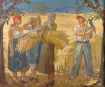 Hermann Croissant, 1897-1963 Landau, "Kornernte" so verso bezeichnet, in arkadischem Duktus geschilderte bäuerlich -stolze Figurengruppe ...
