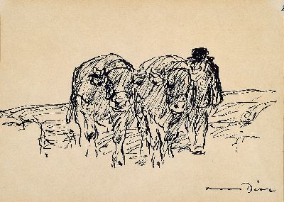 Otto Dill, 1884-1957, Tuschezeichnung, Ochsenfuhrwerk mit Bauer, signiert, unter Glas gerahmt 29x34 cm