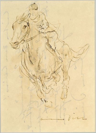 Otto Dill, 1884-1957, lavierte Tuschezeichnung, Jockey, signiert, verso mit Widmung: Grüße für das Jahr 1954, adressiert an Herrn Georg Louis ...