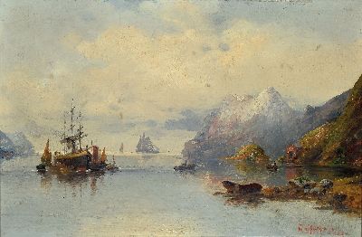 Karl Kaufmann, 1843 Neplachowitz-1905 Wien, norwegische Fjordlandschaft, rechts unten signiert, Öl/Holz, verso alte Galerie -Etiketten, 32x47 cm, ...