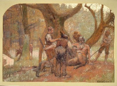 Robert Panitzsch, 1879 Fürstenberg/Havel-1949 Kopenhagen, Pastell, "Der Teufel im Wald" so verso bez., Darstellung eines benommenen Fauns ...