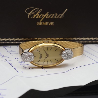 CHOPARD Damenarmbanduhr in GG 750/000 mit Brillanten Referenz 5047 1, Schweiz verk. lt. beil. Rechnung 10/1983, Handaufzug, orig. Milanaiseband, ...