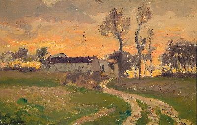 Louis Alexandre Cabie, 1853 Dol-de-Bretagne -1939 Bordeaux, französische Landschaft mit Gehöft im Abendrot, links unten signiert, Öl/Holz, 21x31 ...