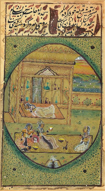 3 Miniaturmalereien/Buchmalerei, 19.Jh., indo-persisch, Herrscher mit Damen, z.T. erotische Darstellungen, alle handbemalt, unter Glas, gleiche ...