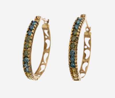 Paar 14 kt Gold Brillant-Ohrcreolen, GG 585/000, 24 Brillanten zus. ca. 0.80 ct Blau und Grün(beh.)/si-p, D. ca. 2.2 cm, ca. 2.7 g